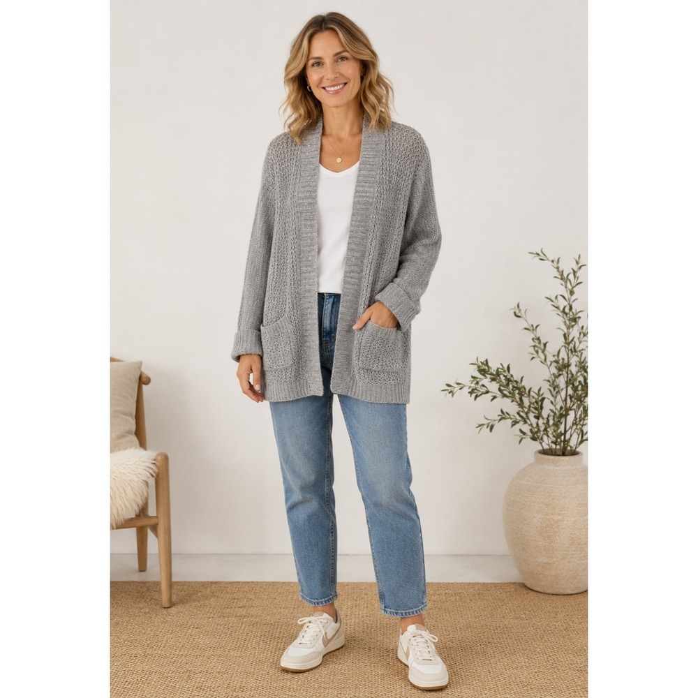 RD Style Cardigan Sweater Womens XL Gray Tan Acrylic Cotton Loose Knit Pockets